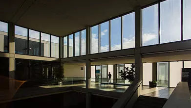interior of a building with glass panels