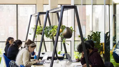 students working at a desk in the Manor Road Building