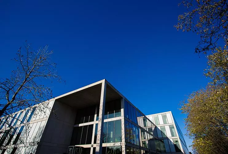 image of the top of a building against a blue sky and trees to one side